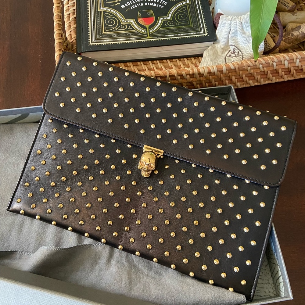 Alexander McQueen Gold studded Black Envelope Clutch with Skull Turnlock